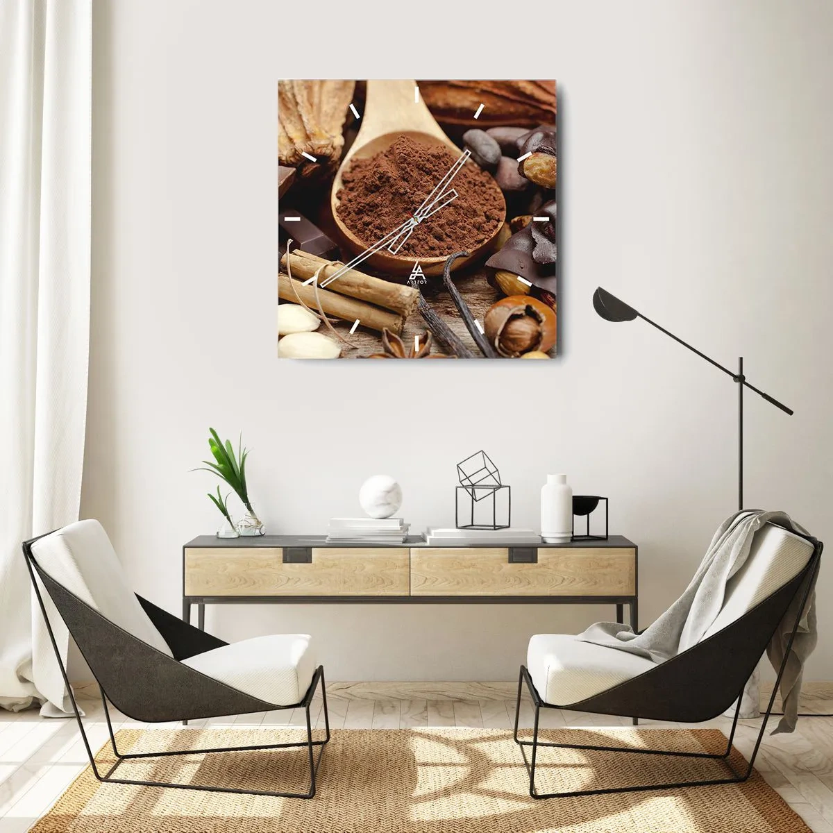 Horloge murale - Pendule murale - Une cuillerée d'ingrédients à base de cacao et de chocolat dans un arrangement rustique - 30x30cm - La meilleure pour les chagrins - Décoration murale moderne pour le salon et la chambre ARTTOR
