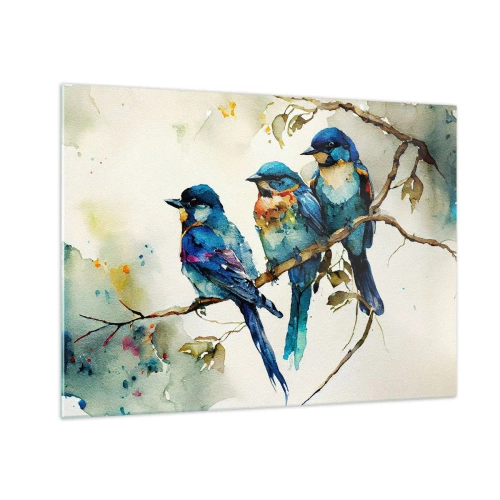 Impression sur verre - Image sur verre - Oiseaux colorés assis sur une branche à l'aquarelle - 70x50cm - A-t-il été offensé ? - Décoration murale moderne pour le salon et la chambre ARTTOR