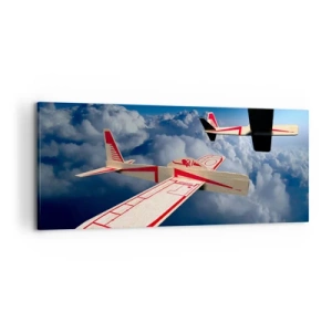 Impression sur toile - Image sur toile - Deux avions en bois planant au-dessus des nuages contre un ciel bleu. - 120x50cm - Encore plus haut, encore plus loin - Décoration murale moderne pour le salon et la chambre ARTTOR