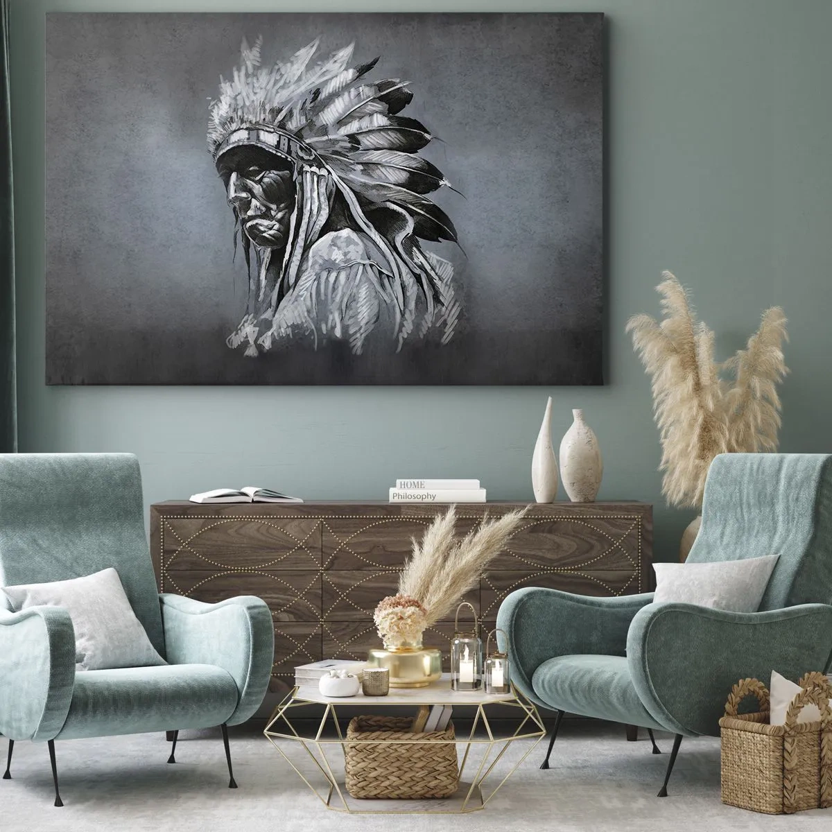 Impression sur toile - Image sur toile - Portrait d'un chef indien portant une coiffe traditionnelle - 70x50cm - Retour aux sources - Décoration murale moderne pour le salon et la chambre ARTTOR