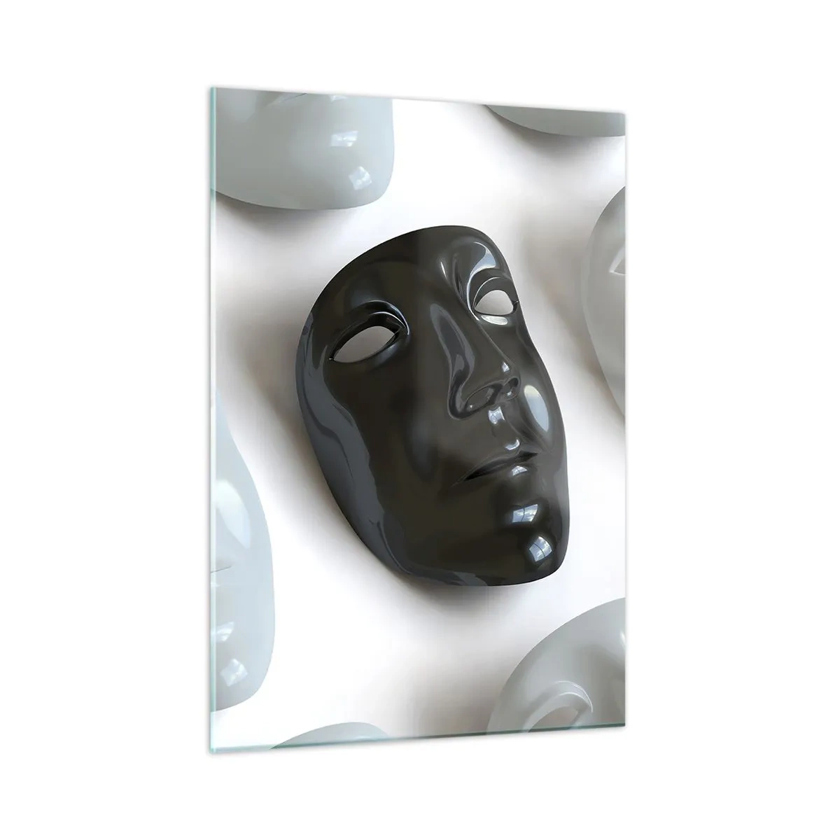 Impression sur verre - Image sur verre - Un masque noir et blanc sur un fond de masques blancs sur fond clair - 50x70cm - Comment se démarquer ? - Décoration murale moderne pour le salon et la chambre ARTTOR