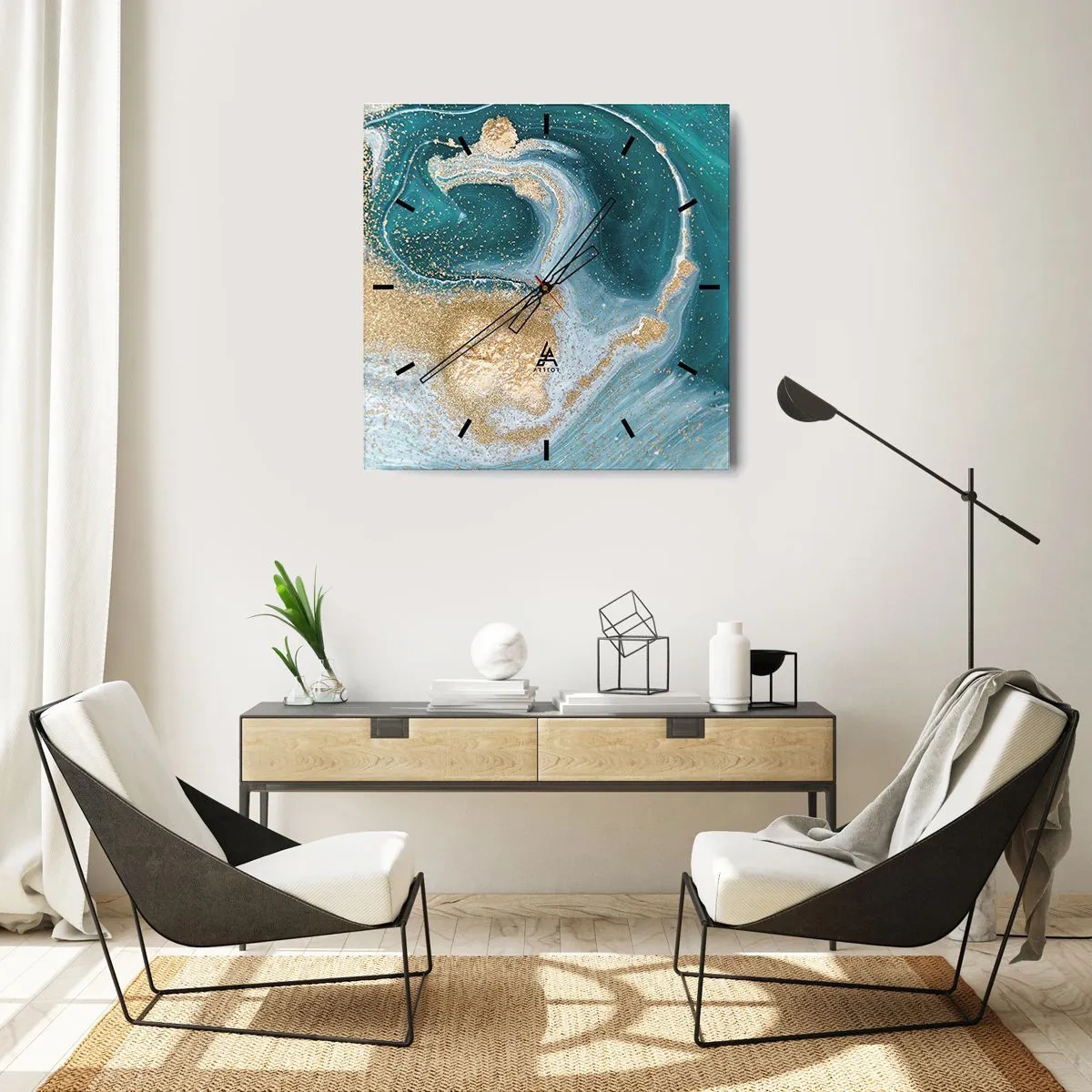 Horloge murale - Pendule murale - Tourbillon d'or et de turquoise - 30x30 cm