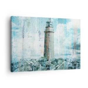 Impression sur toile - Image sur toile - Un phare sur une côte rocheuse aux couleurs pastel - 70x50cm - Sur du vieux bois - Décoration murale moderne pour le salon et la chambre ARTTOR