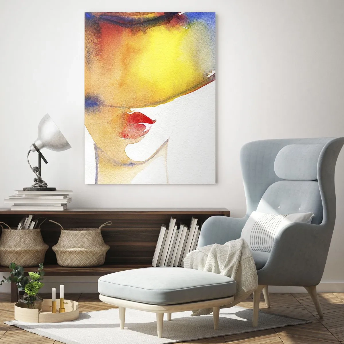 Impression sur verre - Image sur verre - Une aquarelle minimaliste du profil d'une femme avec un chapeau coloré. - 80x120cm - Portrait d'une dame - Décoration murale moderne pour le salon et la chambre ARTTOR