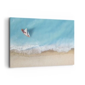 Impression sur toile - Image sur toile - Vue aérienne d'un bateau sur la plage - 120x80cm - A la frontière de l'azur et de l'or - Décoration murale moderne pour le salon et la chambre ARTTOR