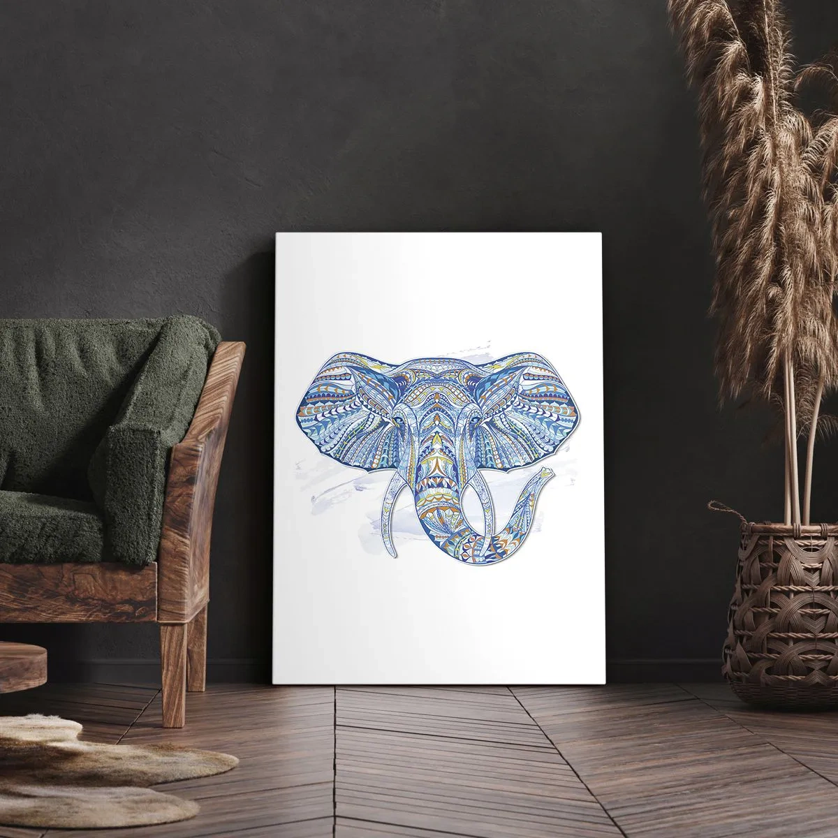 Impression sur toile - Image sur toile - Éléphant géométrique dans les tons bleu et or - 50x70cm - Incrusté d'or et de bleu ciel - Décoration murale moderne pour le salon et la chambre ARTTOR