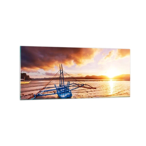 Impression sur verre - Image sur verre - Bateau bleu sur la plage au coucher du soleil - 120x50cm - Allongez-vous dans le sable après une longue journée - Décoration murale moderne pour le salon et la chambre ARTTOR
