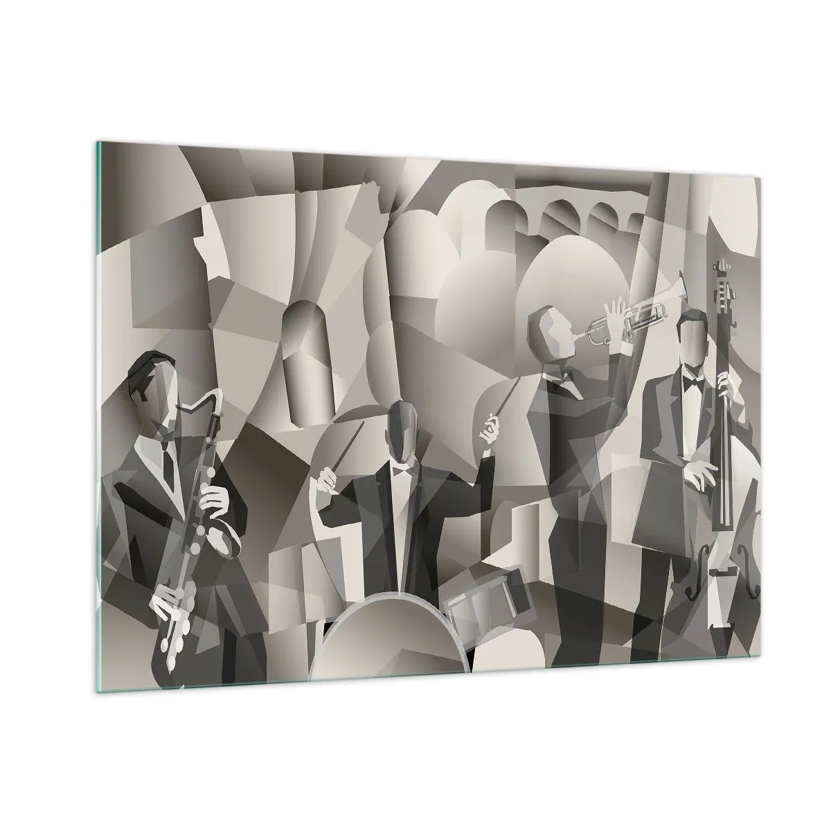 Impression sur verre - Image sur verre - Scène de groupe de jazz stylisée dans des tons monochromes - 100x70cm - Dans l'espace des sons - Décoration murale moderne pour le salon et la chambre ARTTOR