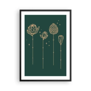 Affiche dans un cadre noir - Poster - Contours dorés de fleurs sur fond vert foncé - 50x70cm - La famille Plante - Décoration murale moderne pour le salon et la chambre ARTTOR