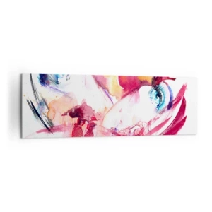 Impression sur toile - Image sur toile - Un visage abstrait avec des yeux expressifs et des accents rouges. - 160x50cm - Le monde prospère dans la proximité - Décoration murale moderne pour le salon et la chambre ARTTOR