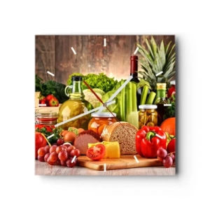 Horloge murale - Pendule murale - Fruits, légumes et produits alimentaires colorés - 30x30cm - Fumé, cuit au four et mariné - Décoration murale moderne pour le salon et la chambre ARTTOR