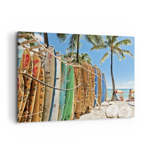 Impression sur toile - Image sur toile - Planches de surf sur une plage avec des palmiers - 100x70cm - Jeux ensoleillés - Décoration murale moderne pour le salon et la chambre ARTTOR