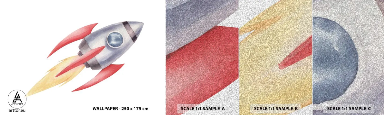 Échantillon de Papier Peint Premium Sand - Plus haut, plus vite, plus loin - Une fusée spatiale, Enfants, Cosmos - 100x30 cm