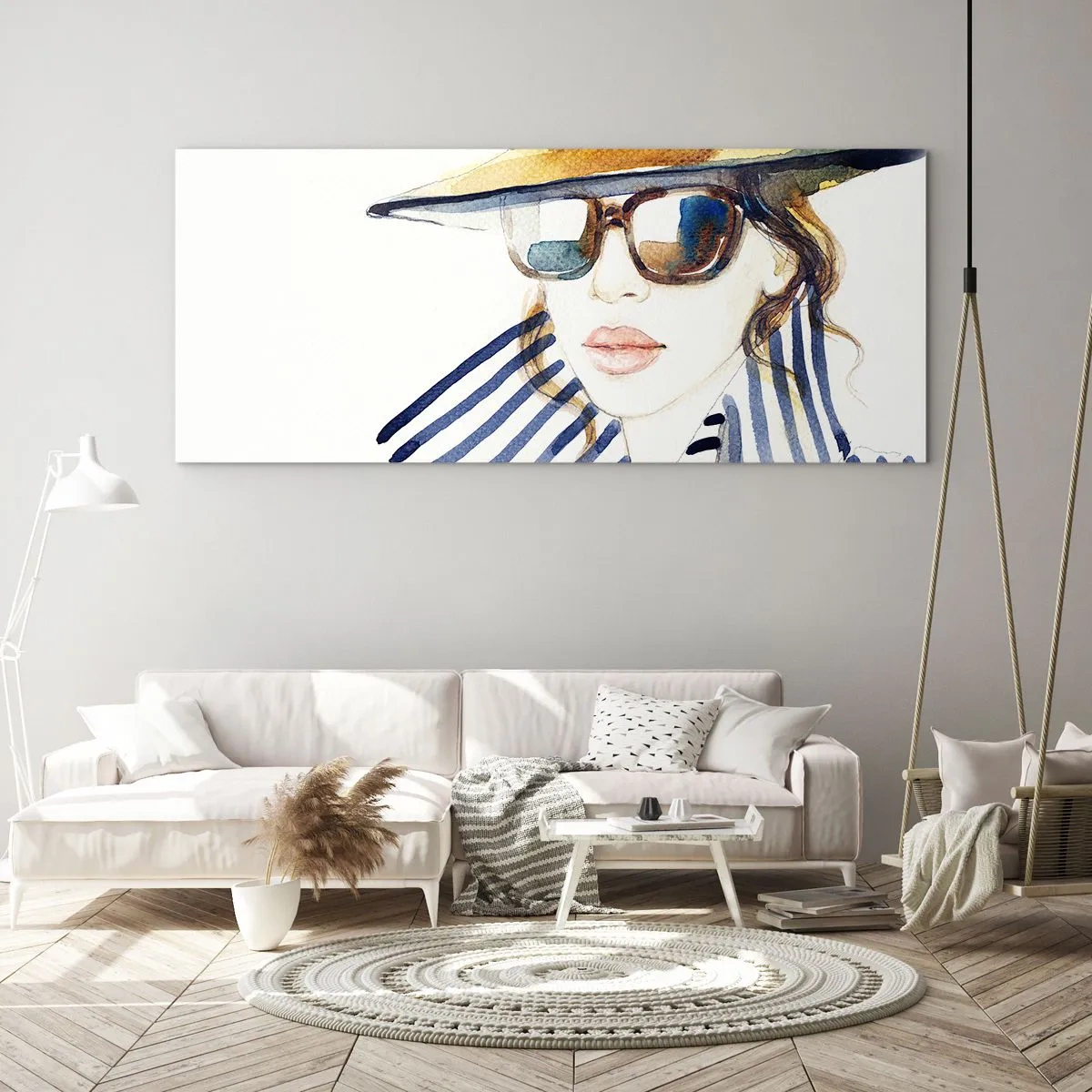 Impression sur verre - Image sur verre - Portrait d'une femme portant un chapeau et des lunettes de soleil - 140x50cm - La Floride vous souhaite la bienvenue ! - Décoration murale moderne pour le salon et la chambre ARTTOR