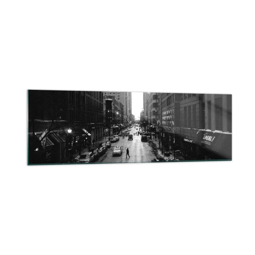 Impression sur verre - Image sur verre - Une rue en noir et blanc au milieu de la ville avec des voitures et des piétons - 160x50cm - Un autre jour comme tous les autres jours - Décoration murale moderne pour le salon et la chambre ARTTOR