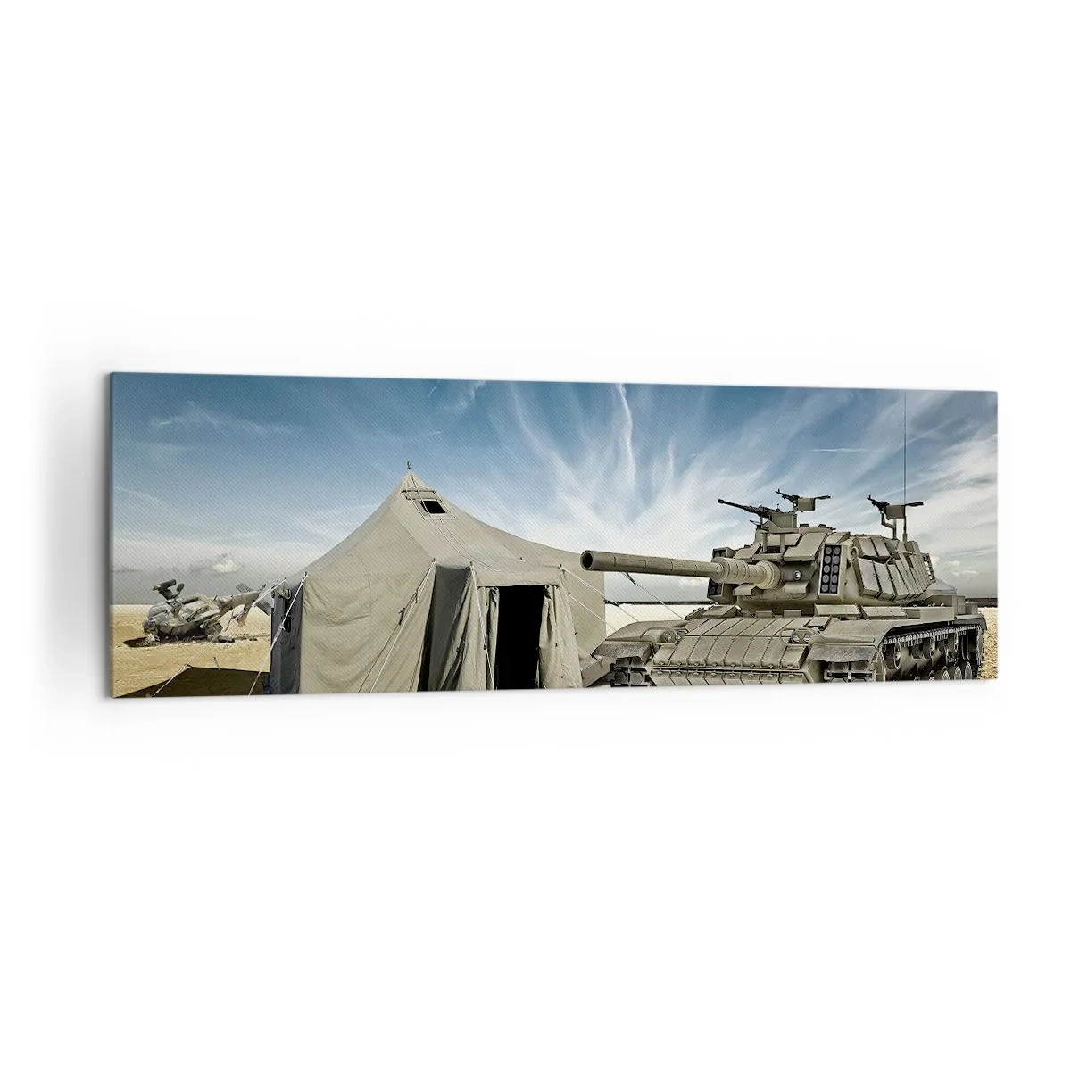 Impression sur toile - Image sur toile - Un char à côté d'une tente militaire dans une zone désertique - 160x50cm - Un rêve militaire - Décoration murale moderne pour le salon et la chambre ARTTOR