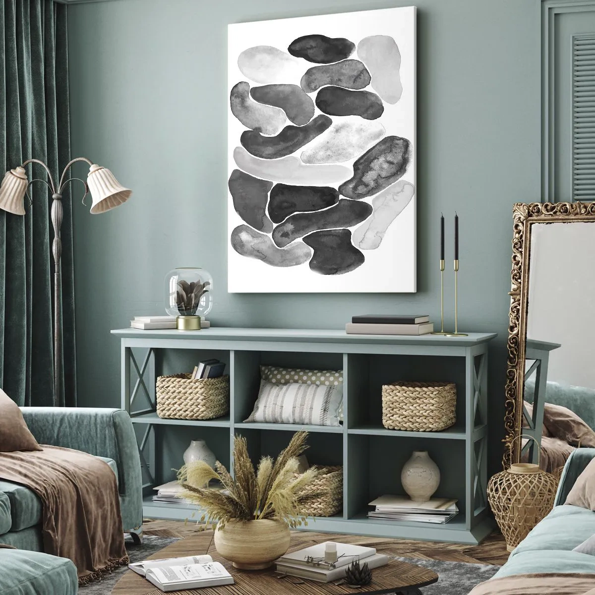 Impression sur toile - Image sur toile - Abstraction en noir et blanc avec des taches irrégulières sur fond blanc - 80x120cm - Abstraction rocheuse - Décoration murale moderne pour le salon et la chambre ARTTOR