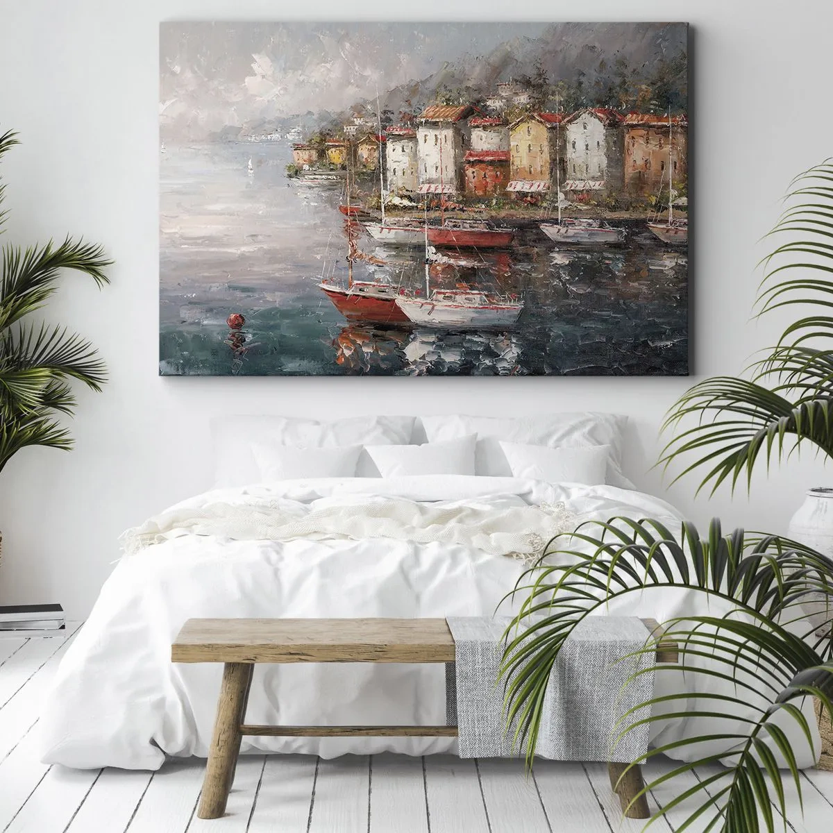 Impression sur toile - Image sur toile - Paysage de bord de mer avec des bateaux et des maisons colorées - 100x70cm - Havre romantique - Décoration murale moderne pour le salon et la chambre ARTTOR