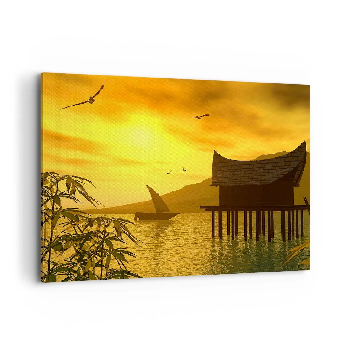 Impression sur toile - Image sur toile - Coucher de soleil tropical sur l'eau avec une maison en bois sur pilotis. - 120x80cm - La paix tant désirée - Décoration murale moderne pour le salon et la chambre ARTTOR