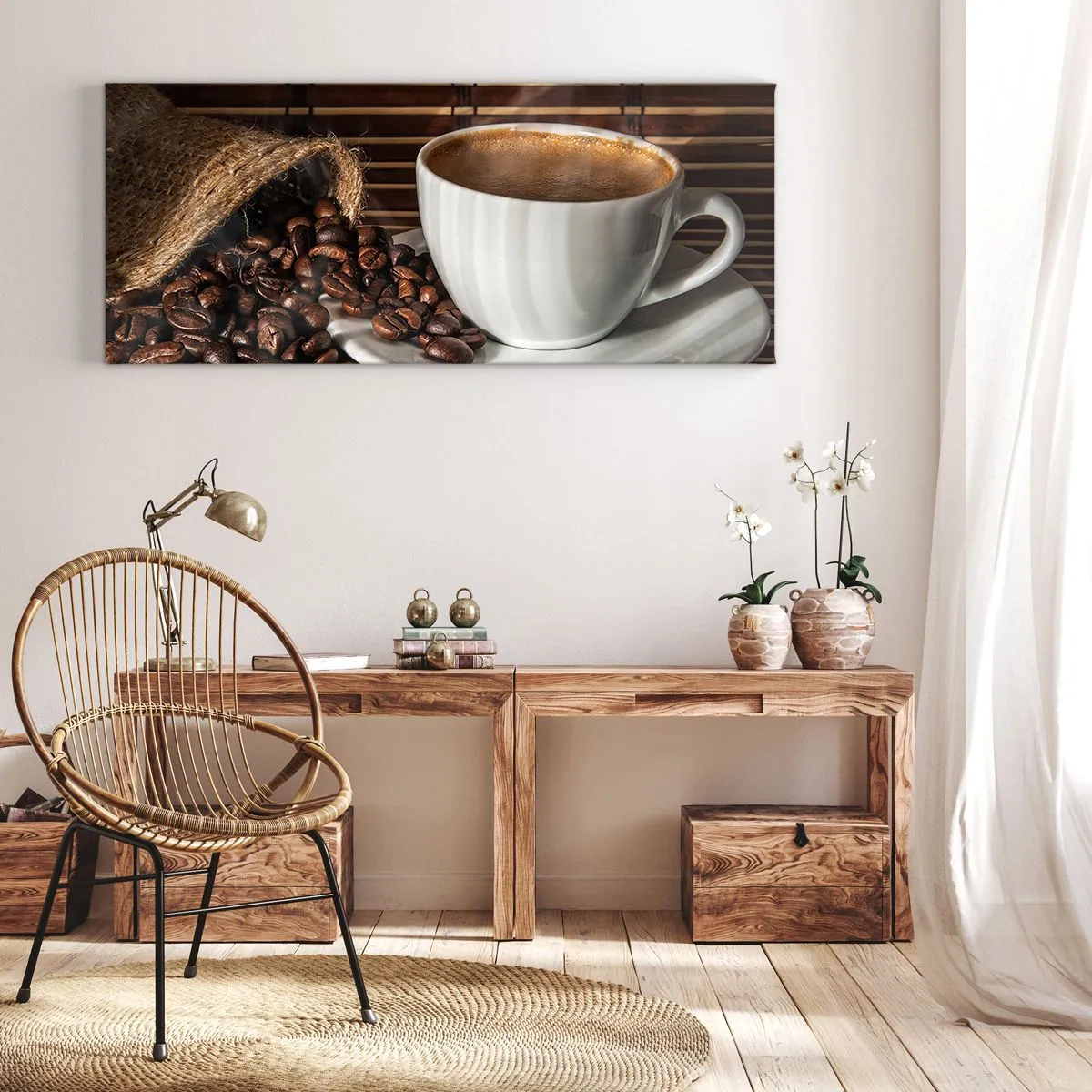 Impression sur toile - Image sur toile - Une tasse de café avec des grains sur un fond de bambou - 160x50cm - La noirceur du charbon, la clarté de l'ambre - Décoration murale moderne pour le salon et la chambre ARTTOR