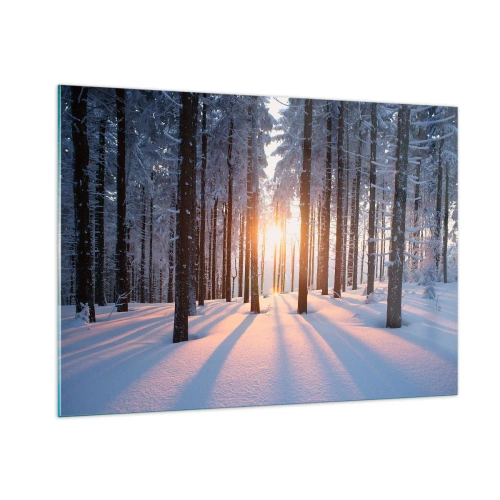 Impression sur verre - Image sur verre - Forêt d'hiver avec les rayons du soleil qui brillent à travers les arbres - 100x70cm - Clairement en noir et blanc - Décoration murale moderne pour le salon et la chambre ARTTOR