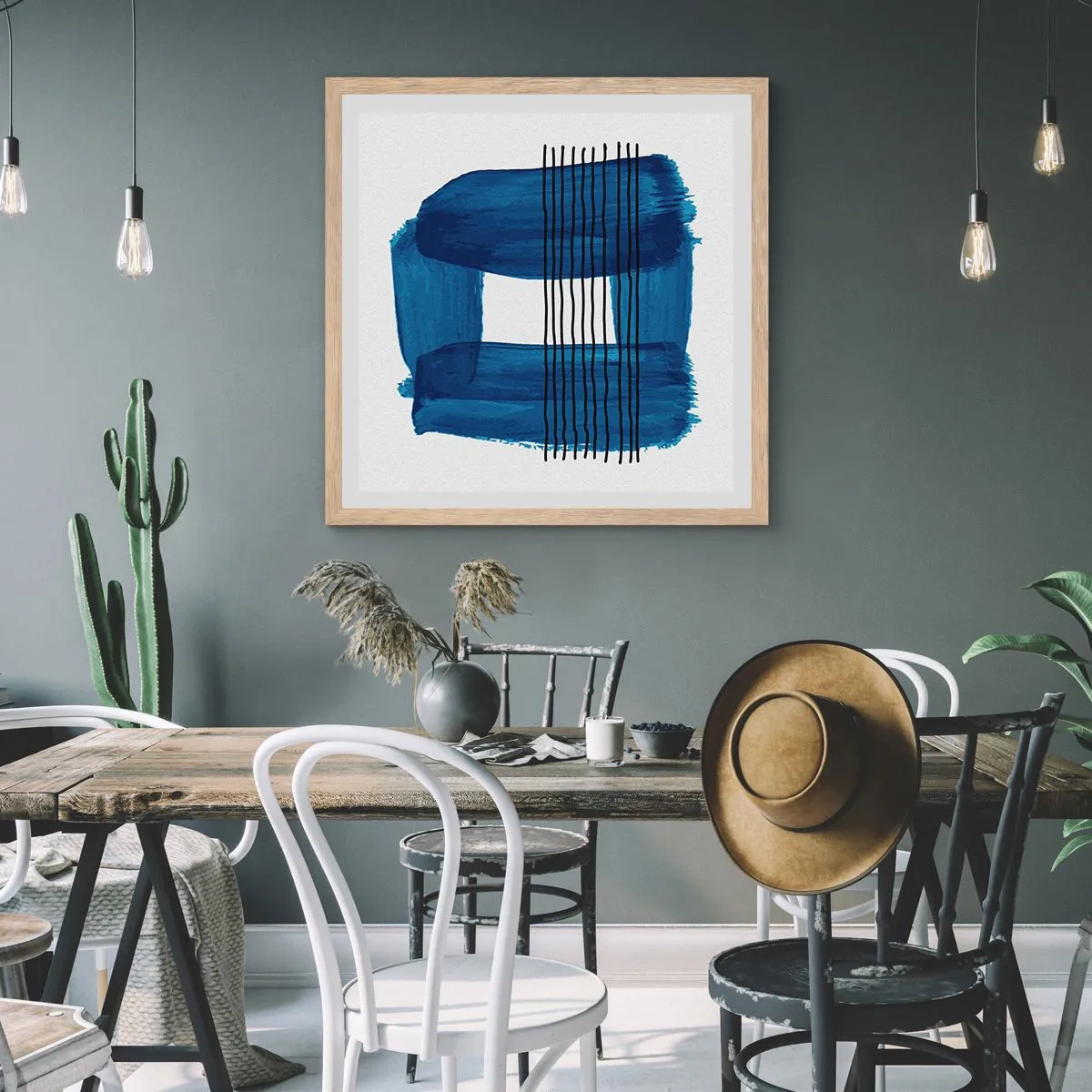 Affiche dans un chêne clair - Poster - Composition noire-bleue - 60x60 cm