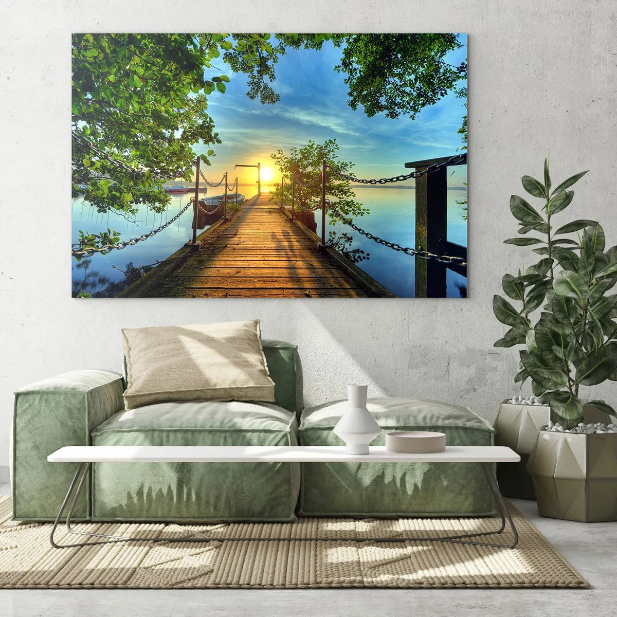 Impression sur verre - Image sur verre - Une jetée surplombant le coucher de soleil sur le lac - 70x50cm - L'ouest au-dessus de l'eau - Décoration murale moderne pour le salon et la chambre ARTTOR