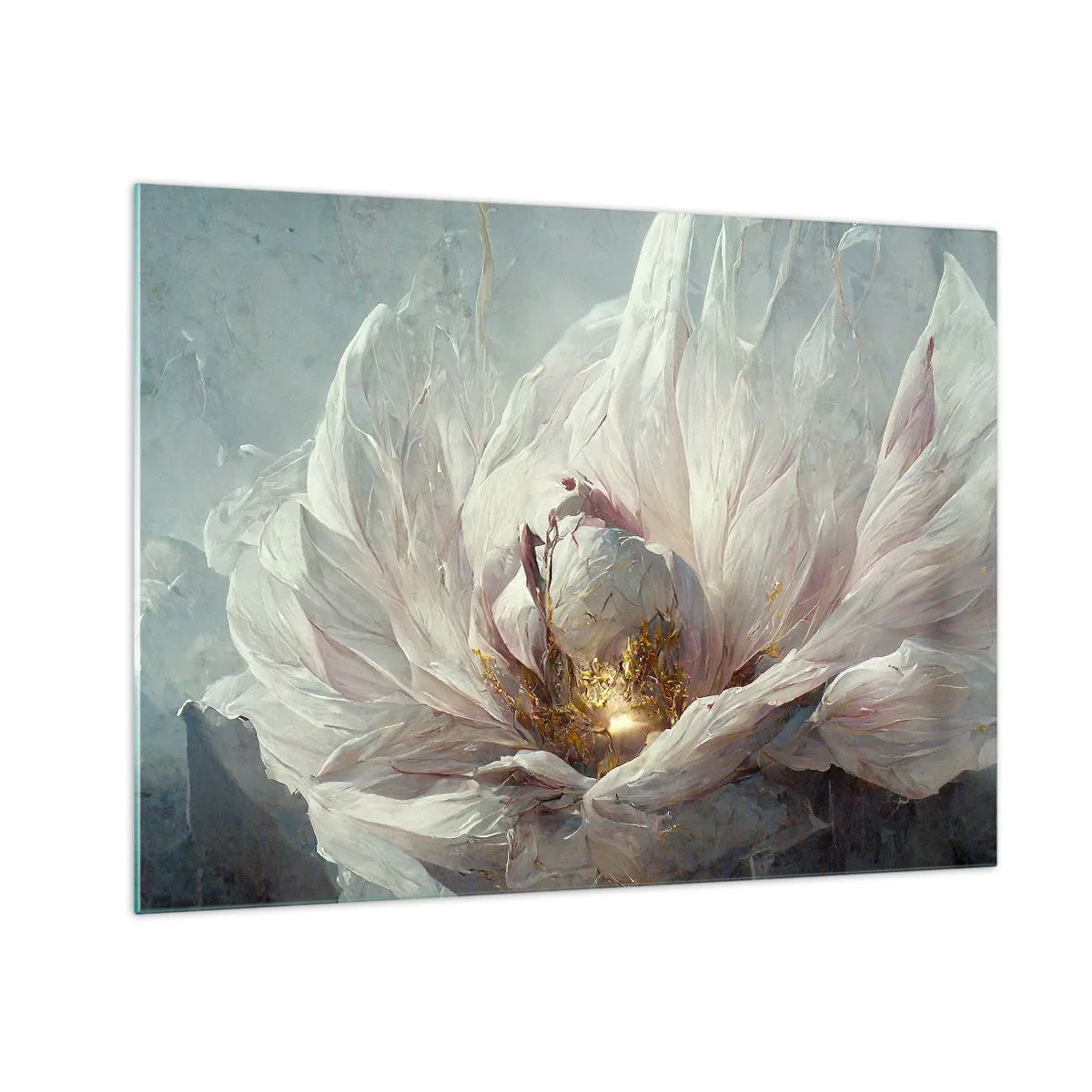 Impression sur verre - Image sur verre - Une fleur épanouie dans des tons gris et or délicats - 70x50cm - Il fleurit une fois tous les cent ans - Décoration murale moderne pour le salon et la chambre ARTTOR