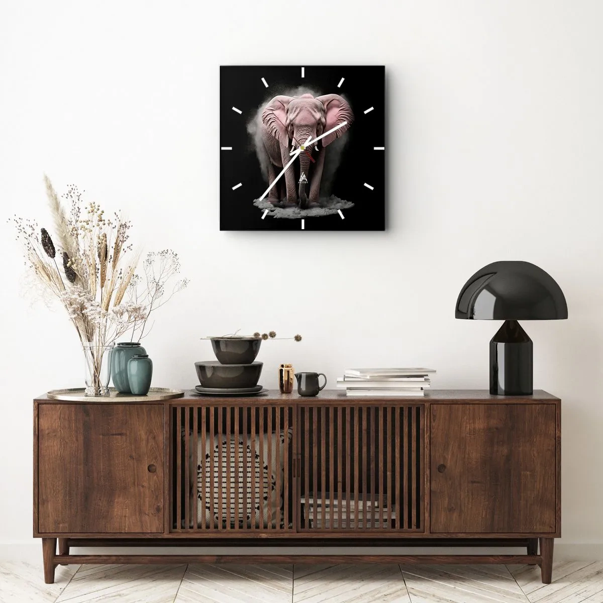 Horloge murale - Pendule murale - Une interprétation artistique d'un éléphant rose sur fond noir - 30x30cm - Ne pensez pas à un éléphant rose ! - Décoration murale moderne pour le salon et la chambre ARTTOR