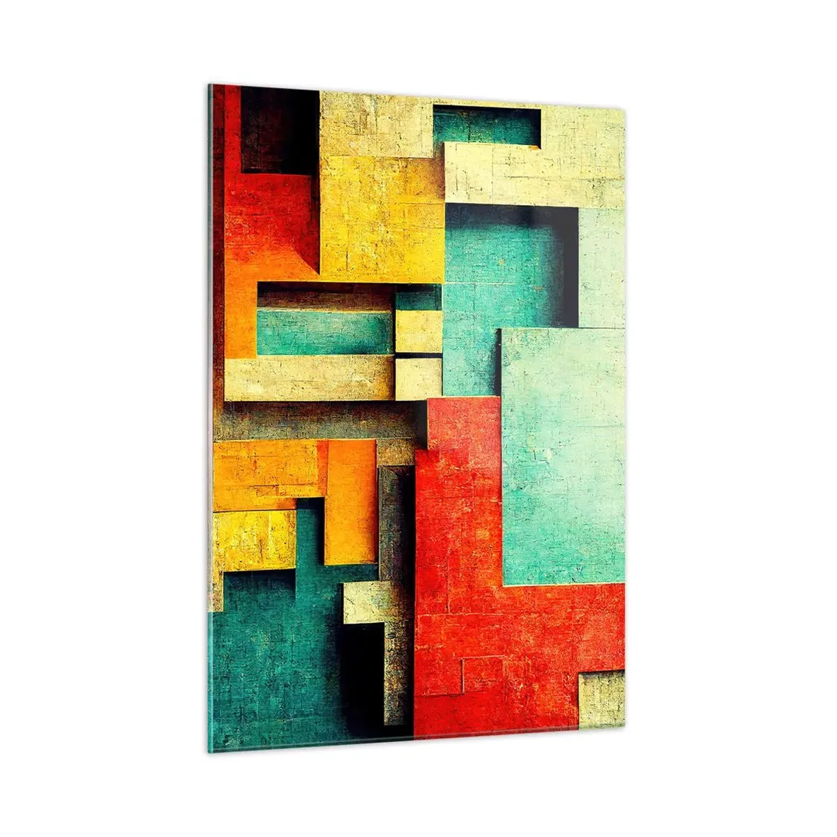 Impression sur verre - Image sur verre - Abstraction géométrique colorée faite de rectangles - 50x70cm - Festival des angles droits - Décoration murale moderne pour le salon et la chambre ARTTOR