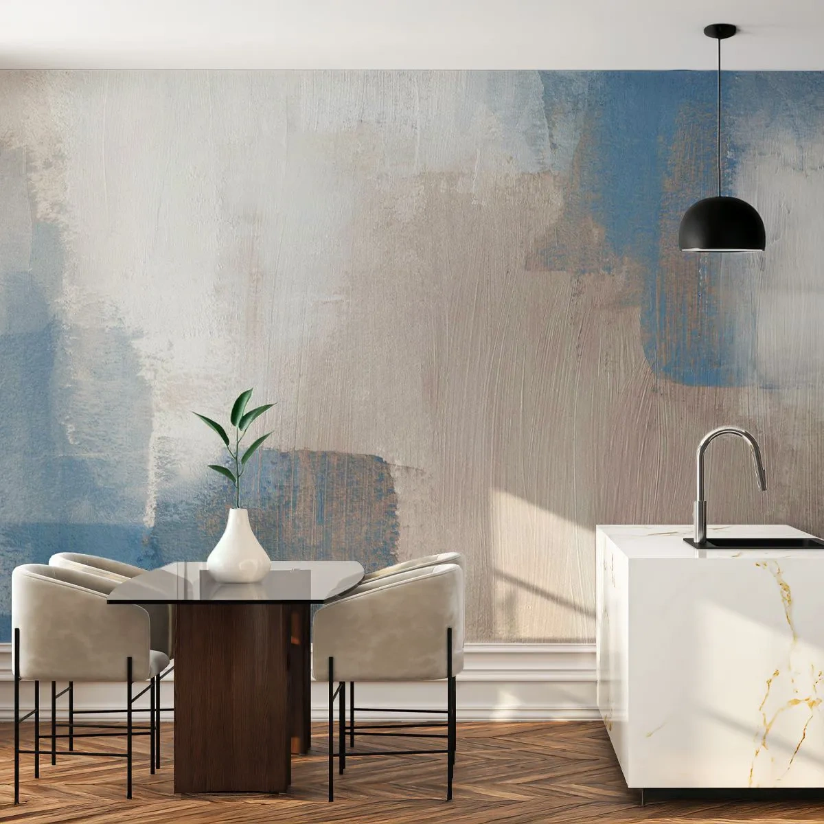 Papier Peint Photo Premium Sand - Une composition moderne de taches dans les tons bleus et beiges - 100x70cm - Abstraction rose derrière un rideau de bleu - Décoration murale moderne pour le salon et la chambre ARTTOR