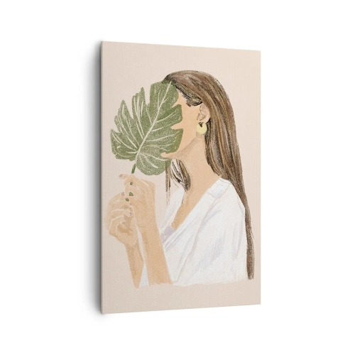 Impression sur toile - Image sur toile - Portrait d'une femme avec une feuille de monstera sur fond beige - 80x120cm - Portrait mystérieux avec un éventail - Décoration murale moderne pour le salon et la chambre ARTTOR