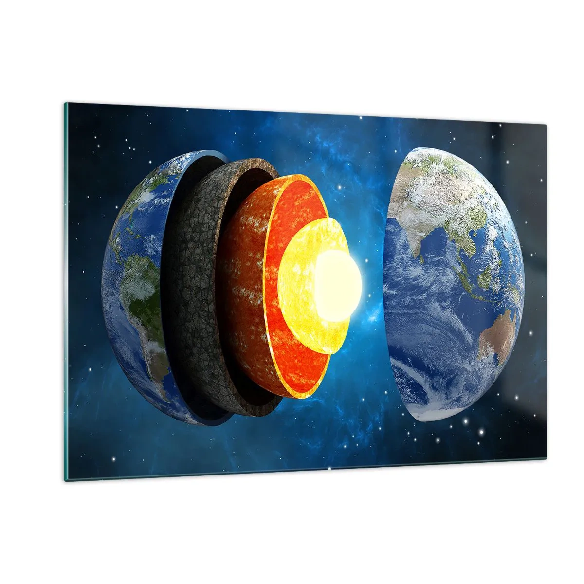 Impression sur verre - Image sur verre - Une coupe transversale de la Terre montrant ses couches sur fond d'espace. - 120x80cm - Voyage au centre de la terre - Décoration murale moderne pour le salon et la chambre ARTTOR