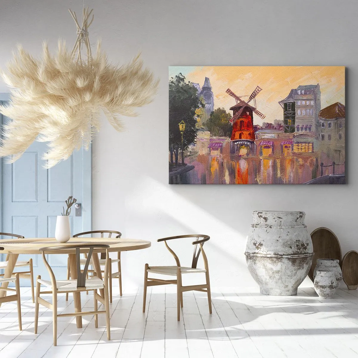 Impression sur toile - Image sur toile - Le moulin à vent rouge du Moulin Rouge entouré par le paysage urbain - 120x80cm - Icones parisiennes – le Moulin rouge - Décoration murale moderne pour le salon et la chambre ARTTOR