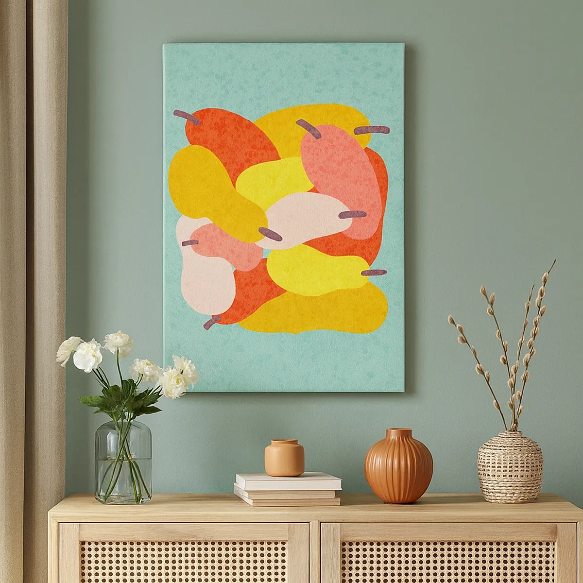 Impression sur toile - Image sur toile - Poires abstraites colorées sur fond vert - 50x70cm - Essayez le soleil d'été - Décoration murale moderne pour le salon et la chambre ARTTOR