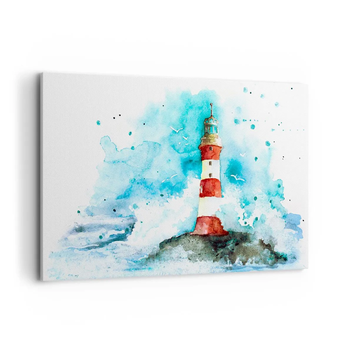 Impression sur toile - Image sur toile - Un phare dans un décor aquarelle sur fond bleu - 120x80cm - Unité des éléments - Décoration murale moderne pour le salon et la chambre ARTTOR