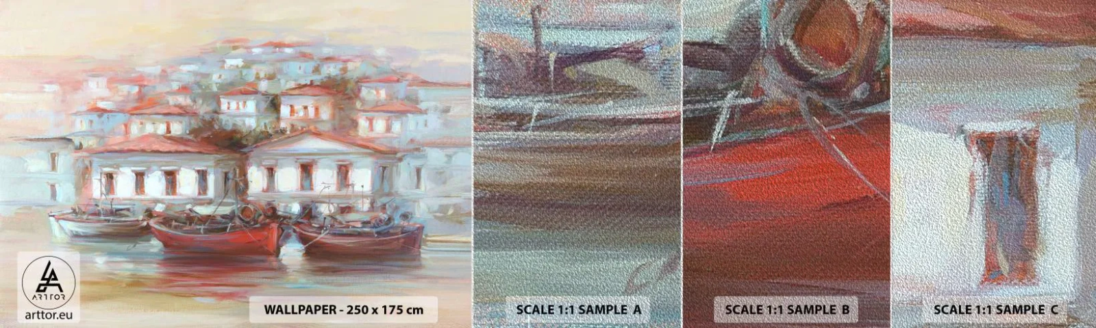Échantillon de Papier Peint Premium Sand - Petite ville heureuse - Architecture, Voilier, port - 100x30 cm