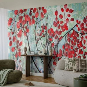 Papier Peint Photo Premium Sand - Arbre en écarlate - Abstraction, Feuilles rouges, Bifurquer - 450x315 cm