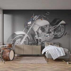 Papier Peint Photo Premium Sand - Moto cruiser blanche sur fond gris - 100x70cm - Jusqu'à ce que tu t'agenouilles - Décoration murale moderne pour le salon et la chambre ARTTOR