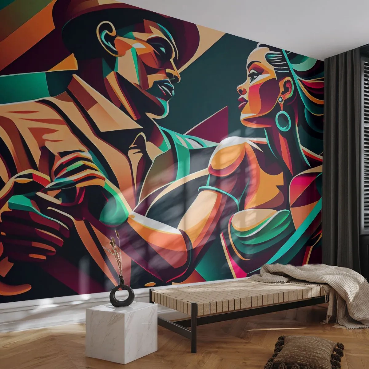 Papier Peint Photo Standard Eco - Couple abstrait dansant aux couleurs dynamiques - 100x70cm - Au rythme du coeur - Décoration murale moderne pour le salon et la chambre ARTTOR