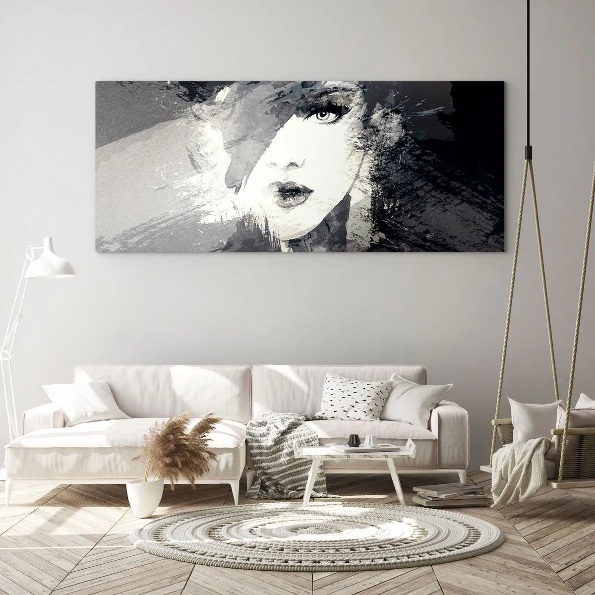 Impression sur verre - Image sur verre - Un portrait abstrait d'une femme dans des tons de gris avec des accents délicats. - 160x50cm - Derrière un voile gris - Décoration murale moderne pour le salon et la chambre ARTTOR