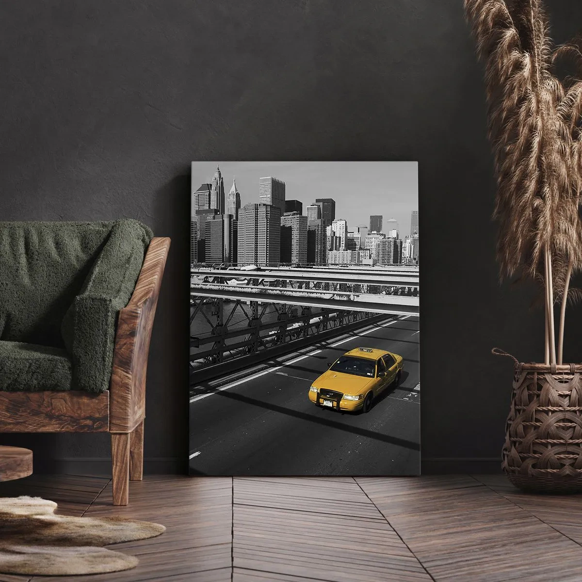 Impression sur toile - Image sur toile - Taxi jaune sur un pont avec vue sur les toits de New York - 50x70cm - Couleur de la grande ville - Décoration murale moderne pour le salon et la chambre ARTTOR