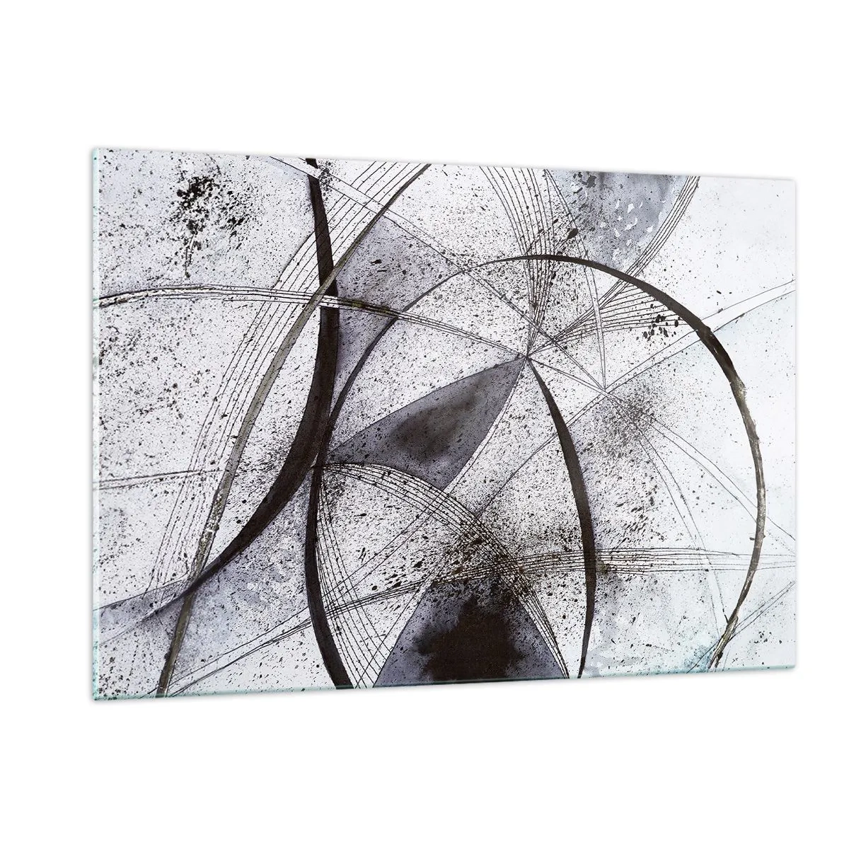 Impression sur verre - Image sur verre - Une composition en noir et blanc de lignes entrecroisées et d'arcs géométriques. - 120x80cm - Fantaisie futuriste - Décoration murale moderne pour le salon et la chambre ARTTOR