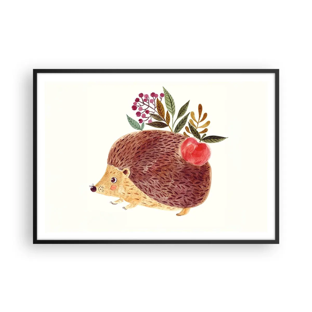 Affiche dans un cadre noir - Poster - Un hérisson mignon avec une pomme et des plantes dans un style illustratif - 100x70cm - Et tu m’apprécies déjà - Décoration murale moderne pour le salon et la chambre ARTTOR