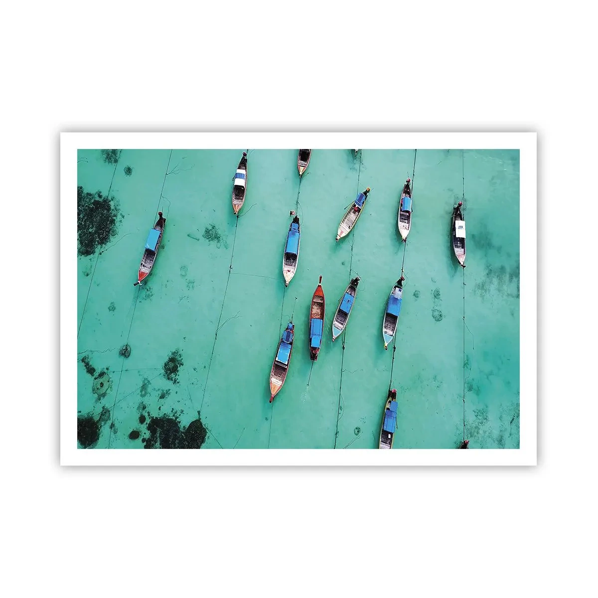 Affiche - Poster - Vue aérienne de bateaux sur une eau turquoise - 100x70cm - Dans une attente jouyeuse - Décoration murale moderne pour le salon et la chambre ARTTOR