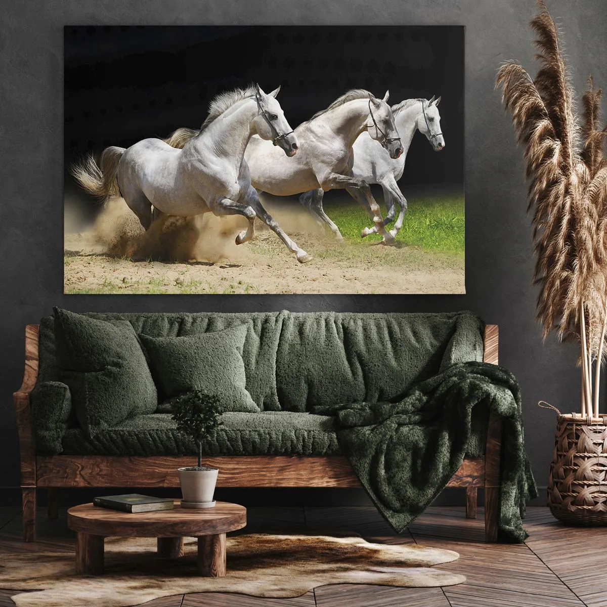 Impression sur toile - Image sur toile - Trois chevaux blancs galopant sur le sable et l'herbe - 120x80cm - Trois Grâces - Décoration murale moderne pour le salon et la chambre ARTTOR