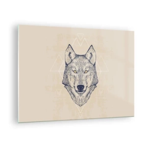 Impression sur verre - Image sur verre - Tête de loup sur fond de motifs géométriques - 70x50cm - Un alpha au regard pénétrant - Décoration murale moderne pour le salon et la chambre ARTTOR
