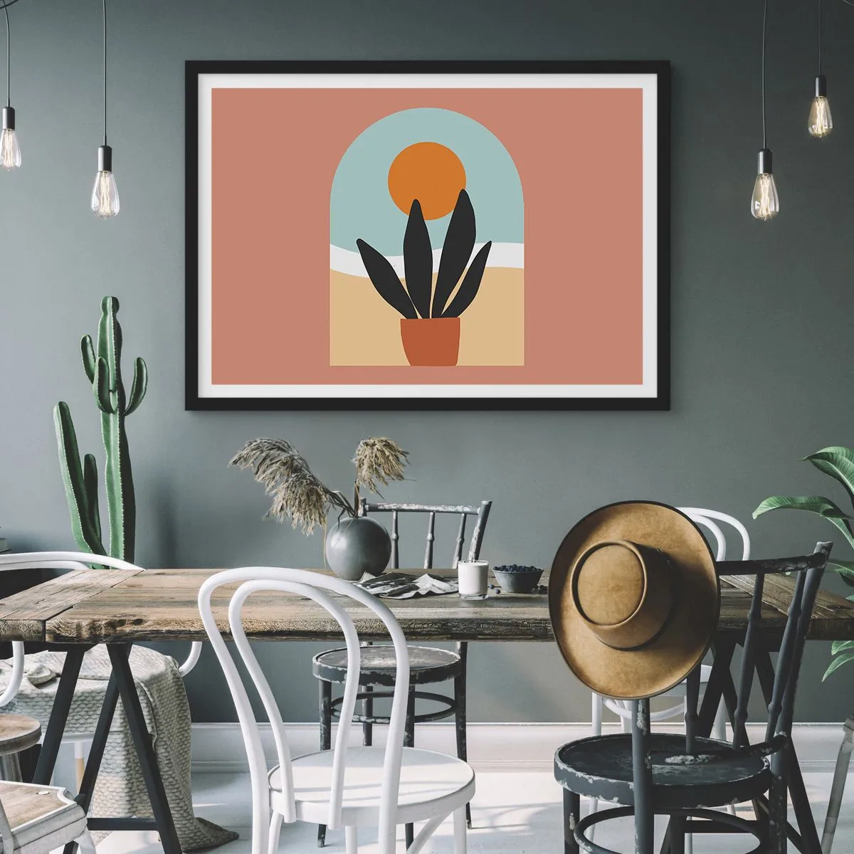 Affiche dans un cadre noir - Poster - Une plante noire dans un pot contre le soleil - 70x50cm - Petits bonheurs - Décoration murale moderne pour le salon et la chambre ARTTOR