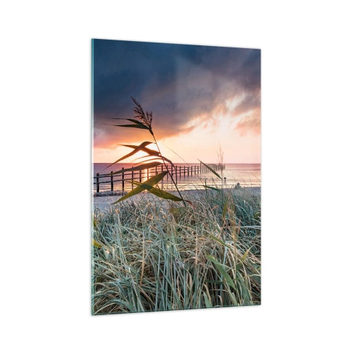 Impression sur verre - Image sur verre - Plage au coucher du soleil avec des herbes au premier plan - 70x100cm - Ça ne passe pas avec le vent - Décoration murale moderne pour le salon et la chambre ARTTOR