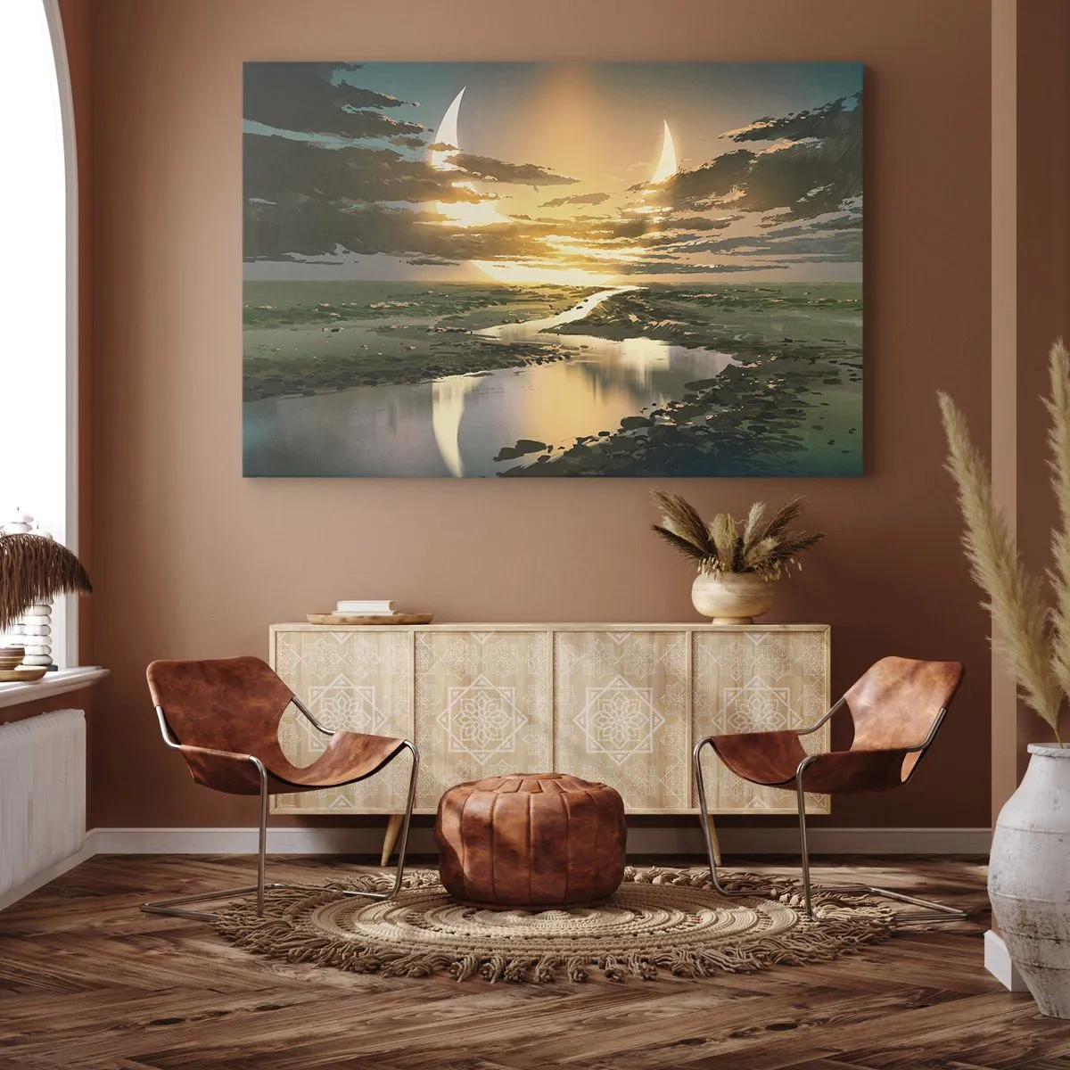 Impression sur toile - Image sur toile - Un paysage fantastique avec deux lunes à l'horizon - 70x50cm - Quelque part dans une galaxie lointaine, très lointaine - Décoration murale moderne pour le salon et la chambre ARTTOR
